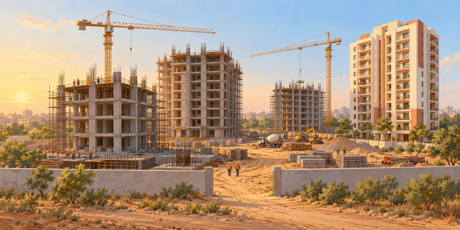निर्माणाधीन अपार्टमेंट टावरों का चित्र
