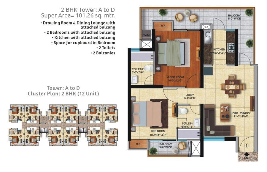 2BHK (TOWER : A TO D) SUPER AREA 101.26 SQ.MTR.
