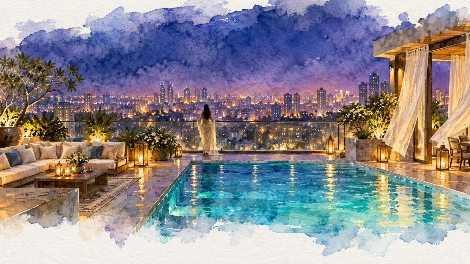 Watercolour illustration of a penthouse terrace with an infinity pool overlooking a city at night