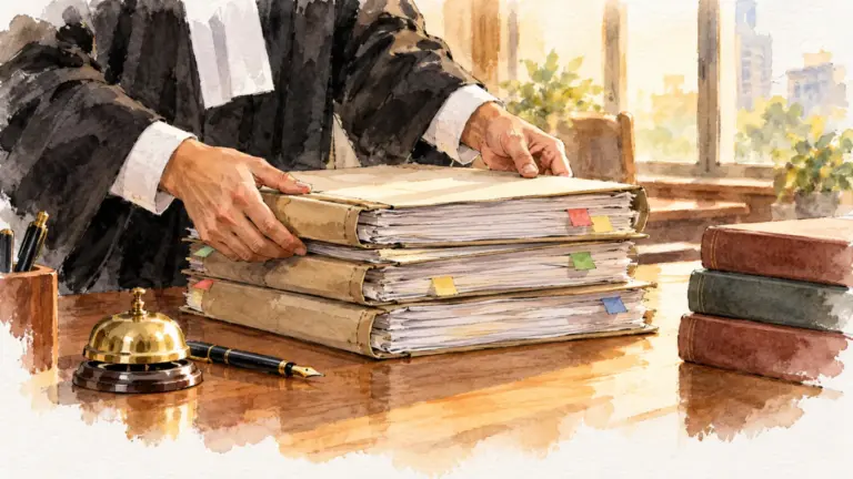 Watercolour illustration of hands stacking flagged case files on a long wooden table
