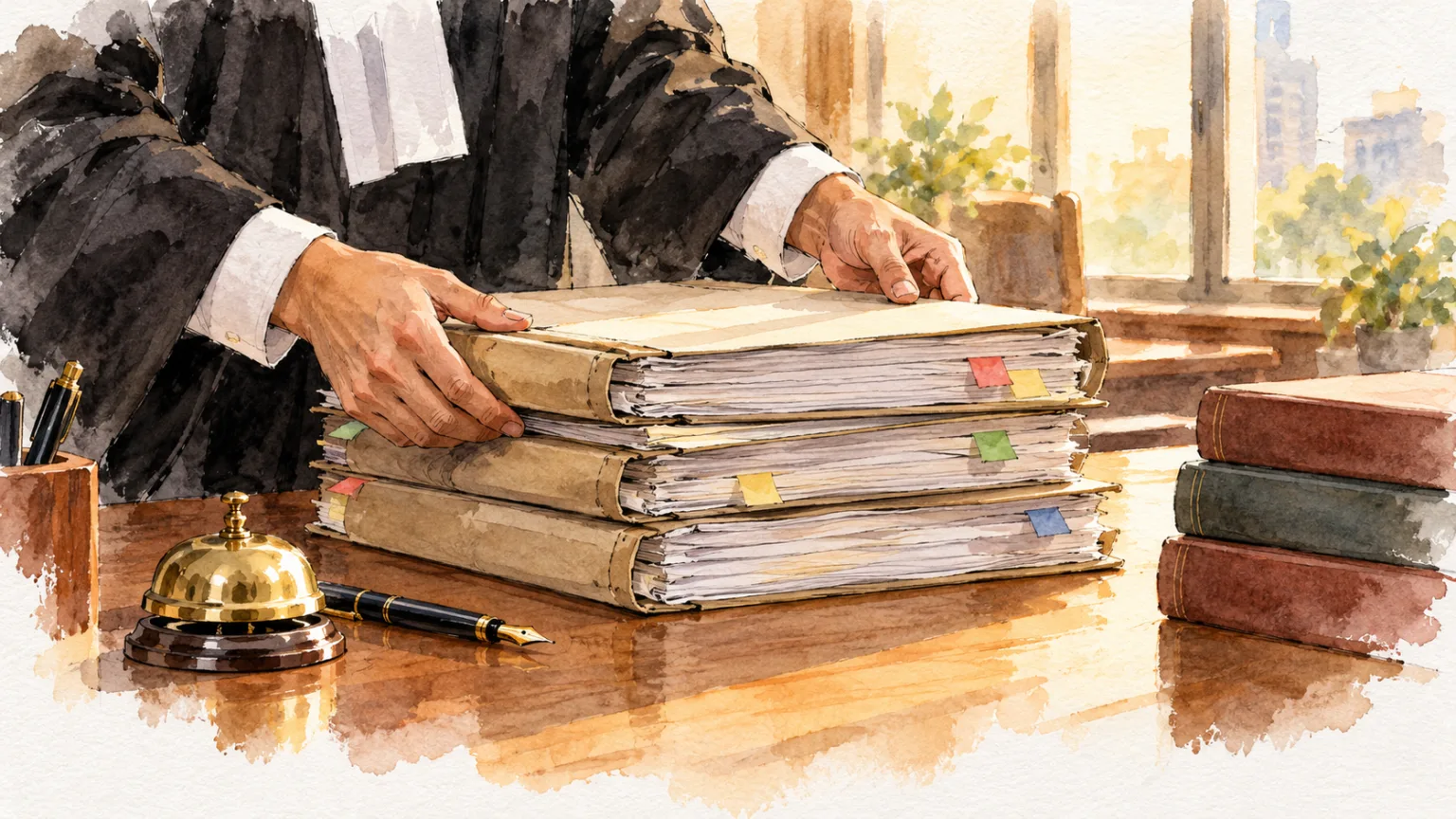 Watercolour illustration of hands stacking flagged case files on a long wooden table