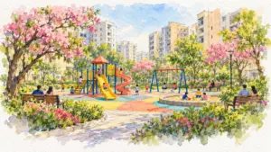 Watercolour illustration of children playing in a society play area in spring
