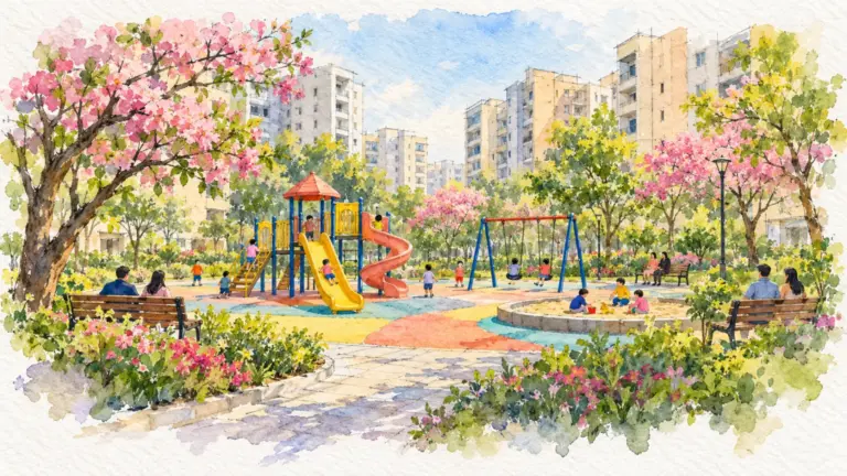 Watercolour illustration of children playing in a society play area in spring