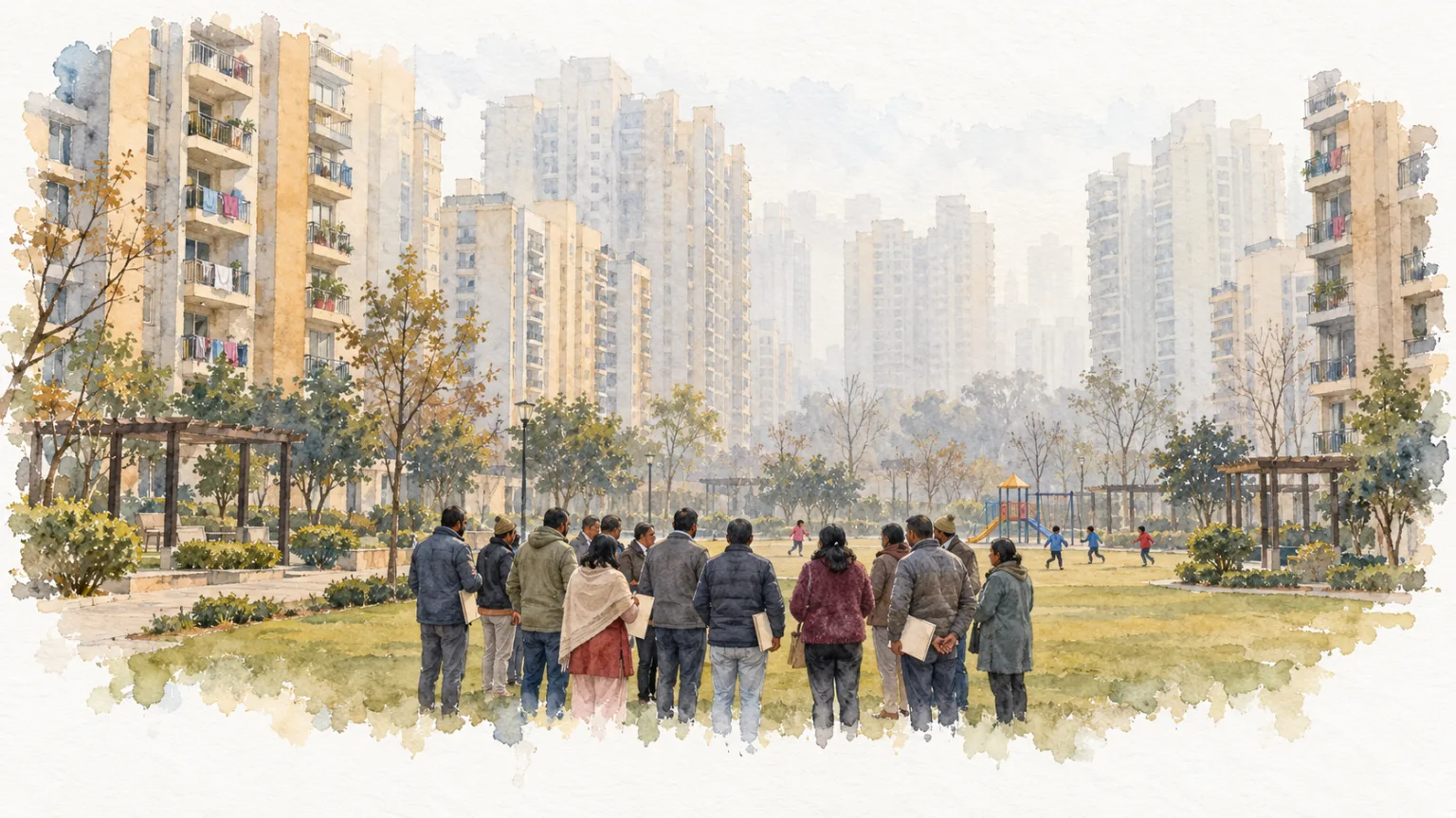 Watercolour illustration of residents meeting on a lawn before occupied high-rises in winter haze