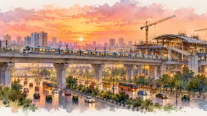 Watercolour illustration of a metro train on a new elevated track near a station under construction