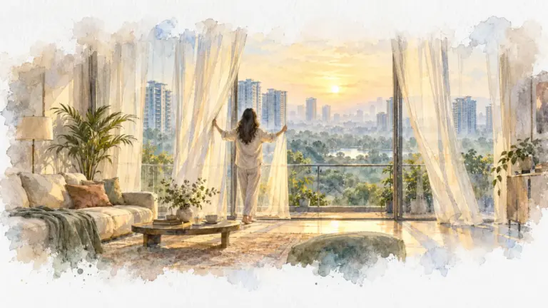 Watercolour illustration of a resident opening balcony curtains at dawn in a tower