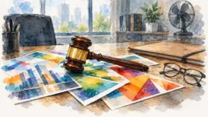Watercolour illustration of glossy property brochures pinned under a gavel on an office table