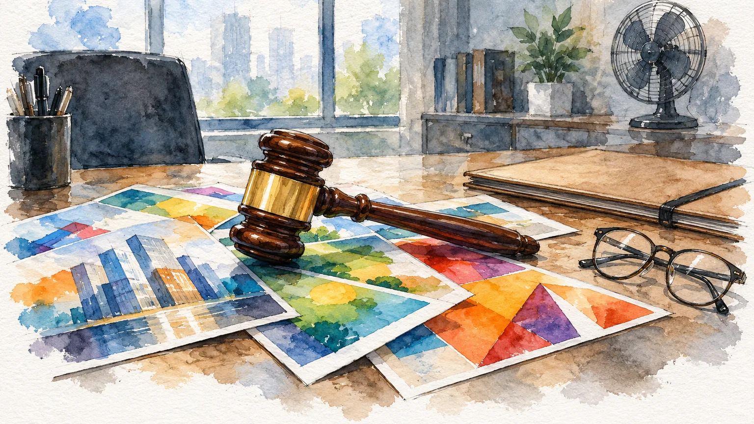 Watercolour illustration of glossy property brochures pinned under a gavel on an office table