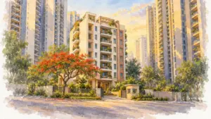 Watercolour illustration of a compact mid-rise tower among taller neighbours