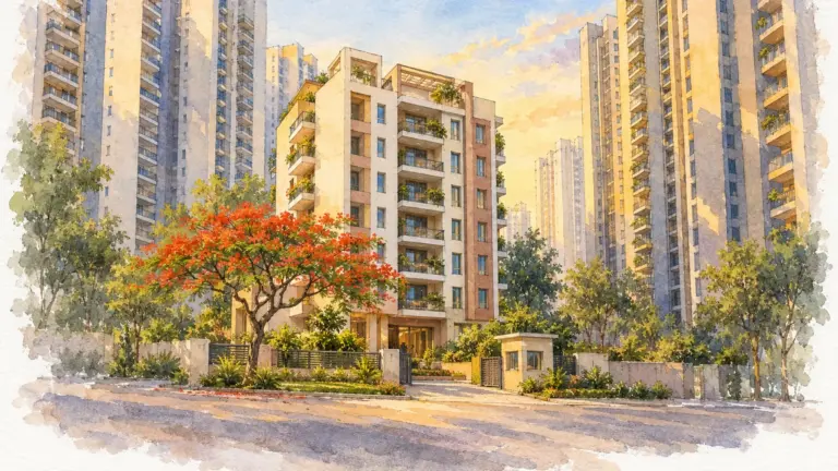 Watercolour illustration of a compact mid-rise tower among taller neighbours