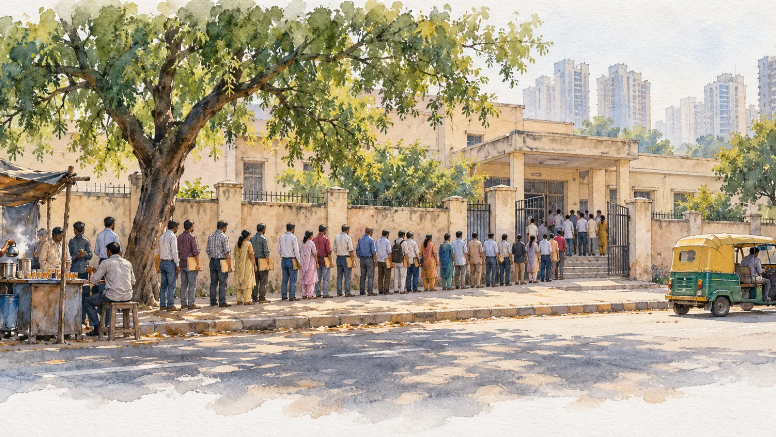Watercolour illustration of a queue of buyers with folders outside a tehsil office