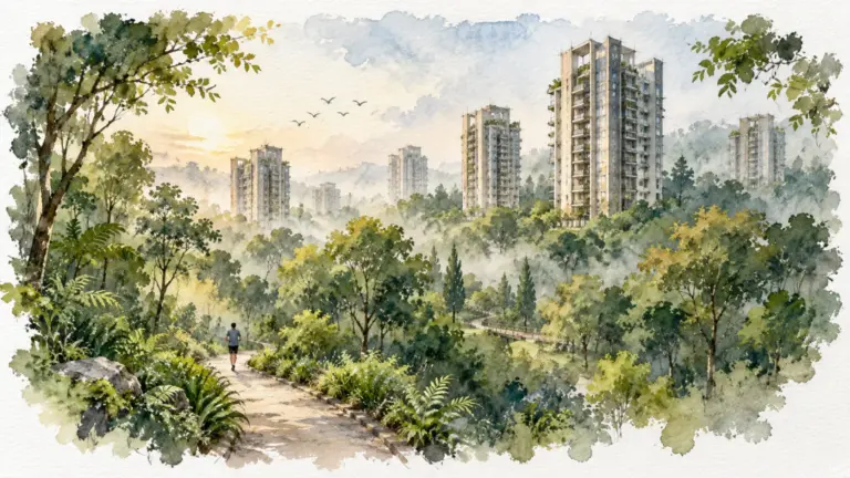 Watercolour illustration of slender towers rising above a dense forest landscape in morning mist