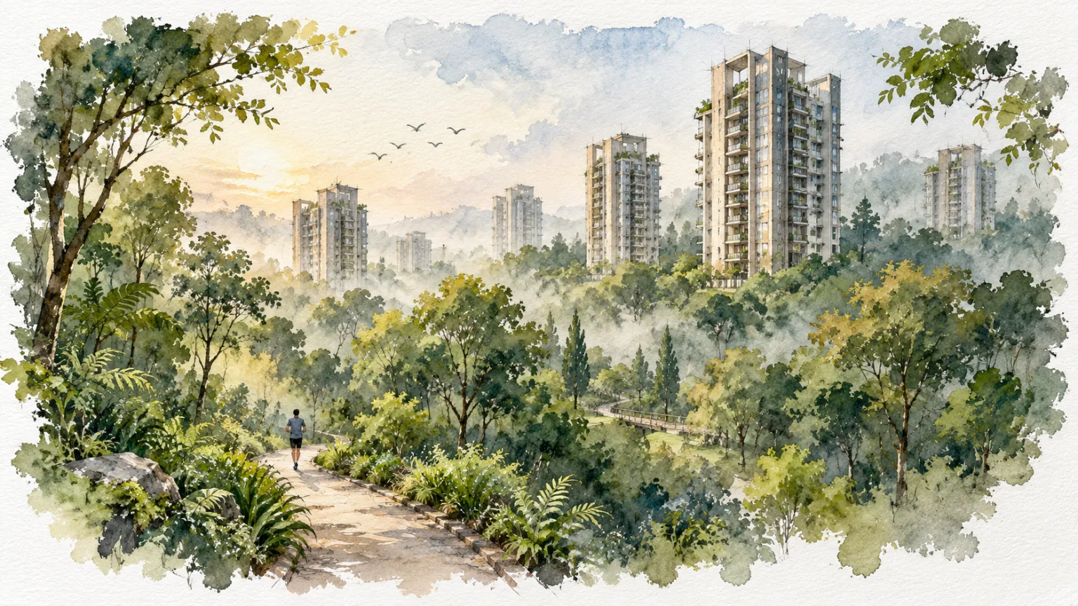 Watercolour illustration of slender towers rising above a dense forest landscape in morning mist