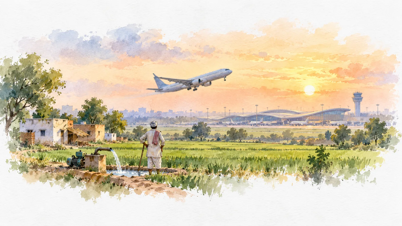 Watercolour illustration of a plane taking off over fields at sunrise as a farmer watches