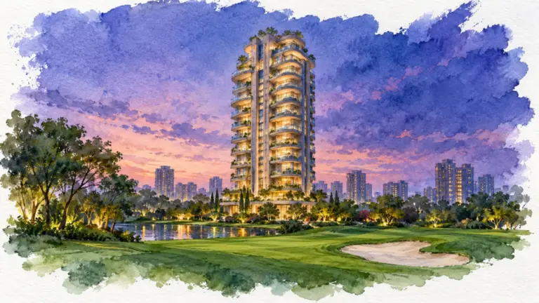 Watercolour illustration of a luxury tower with wraparound balconies at blue hour