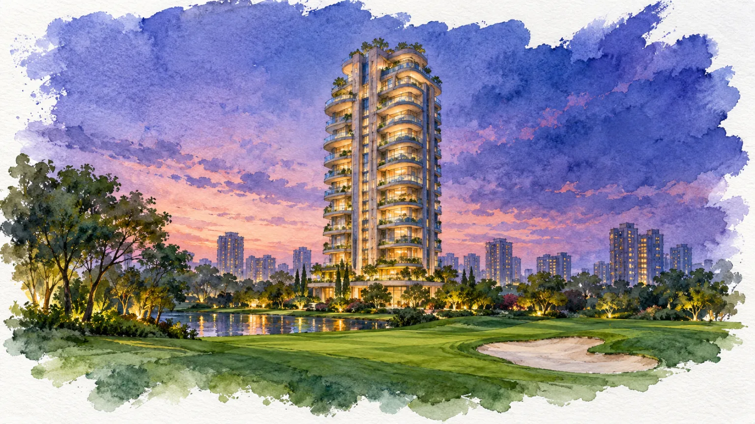 Watercolour illustration of a luxury tower with wraparound balconies at blue hour