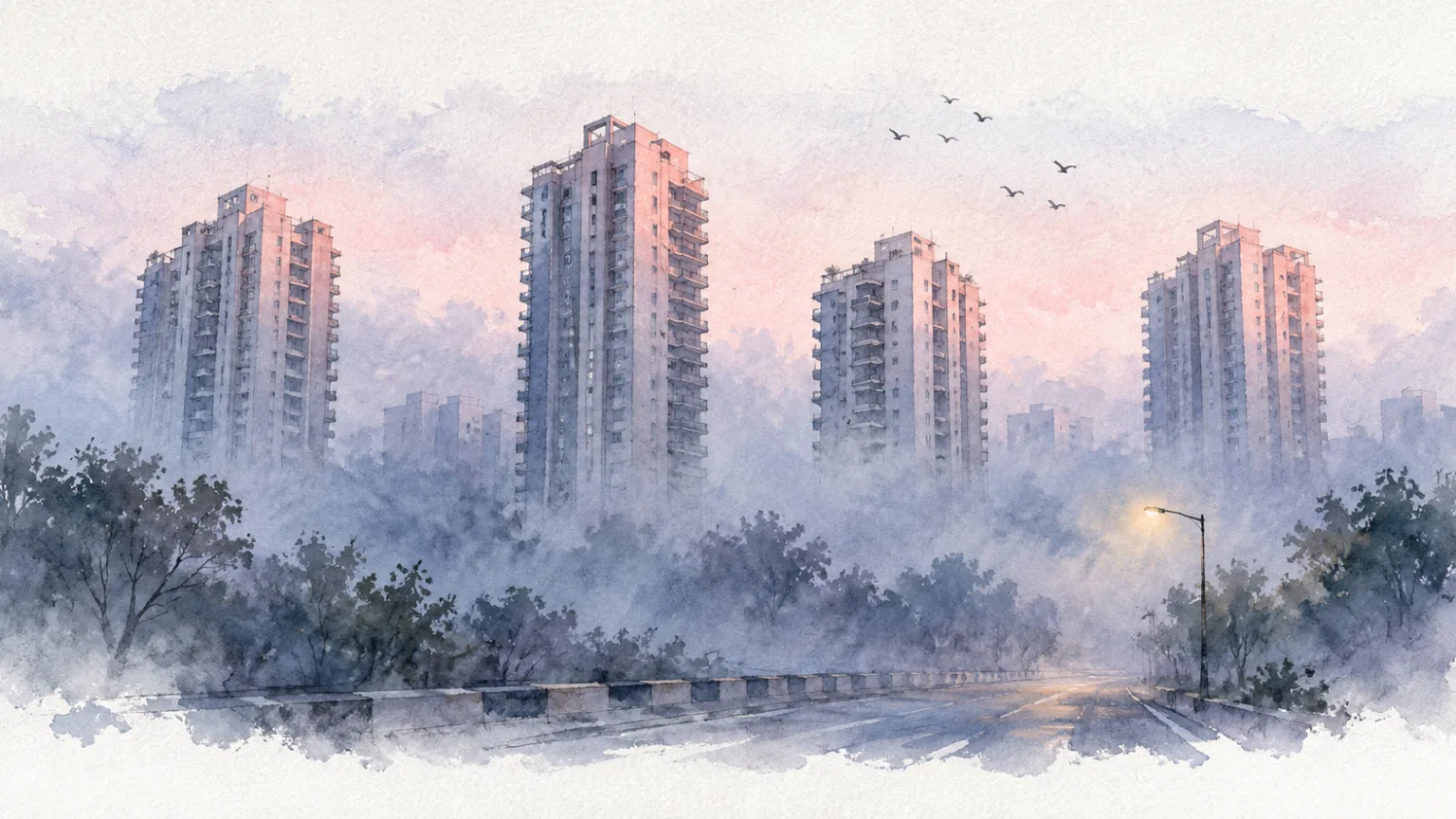 Watercolour illustration of four slender towers rising from fog at winter dawn