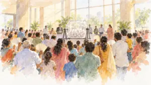 Watercolour illustration of families gathered around a glass drum during a plot draw on a June day