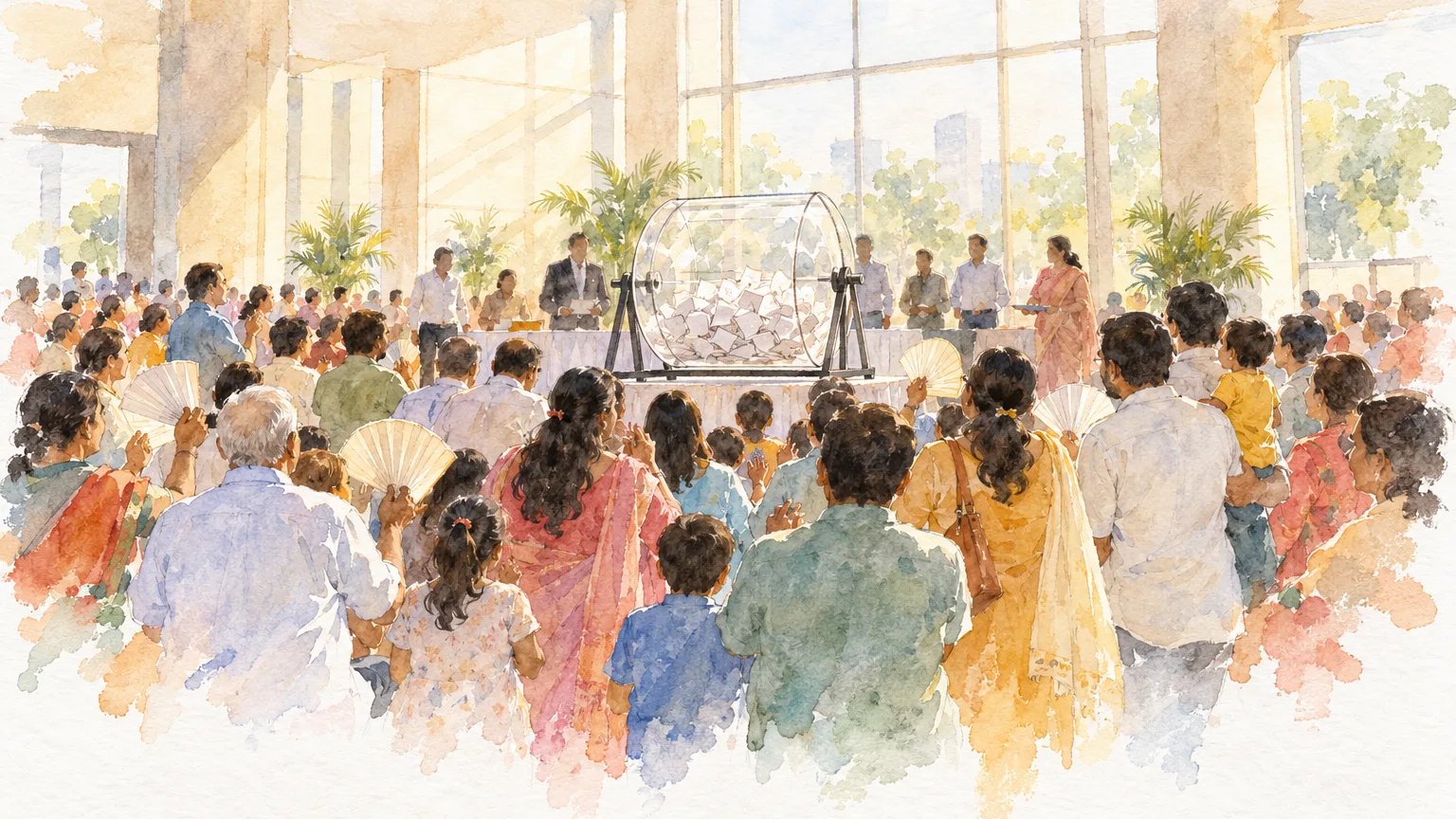 Watercolour illustration of families gathered around a glass drum during a plot draw on a June day