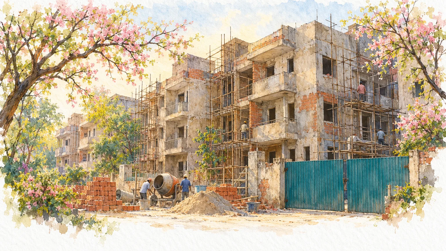 Watercolour illustration of workers putting up scaffolding at a half-finished low-rise community