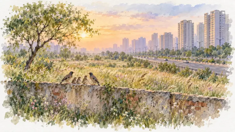 Watercolour illustration of an empty grassy plot beside an expressway with towers in spring light