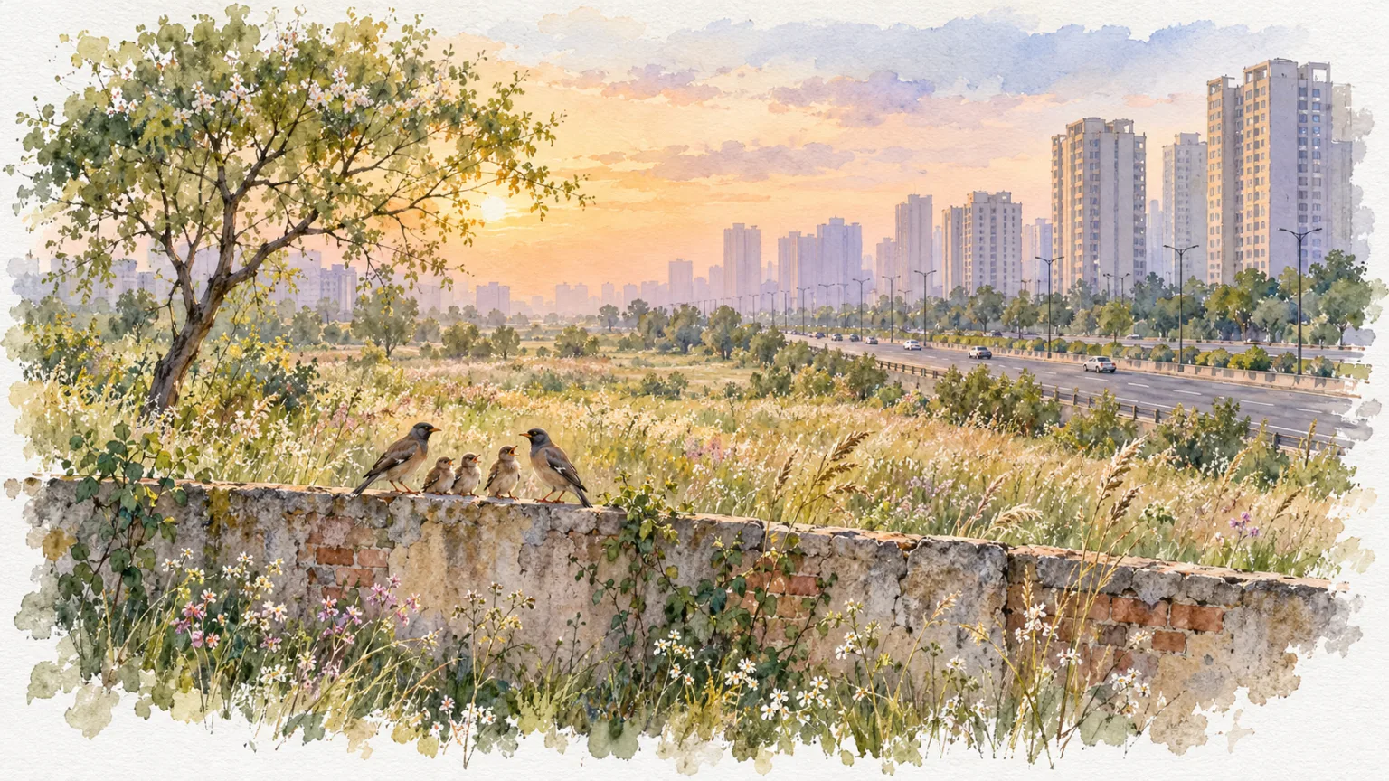Watercolour illustration of an empty grassy plot beside an expressway with towers in spring light