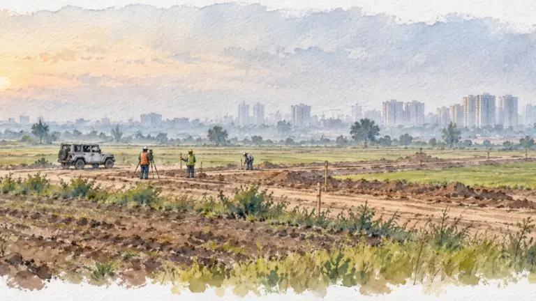 Watercolour illustration of surveyors pegging out farmland for a new township in morning mist