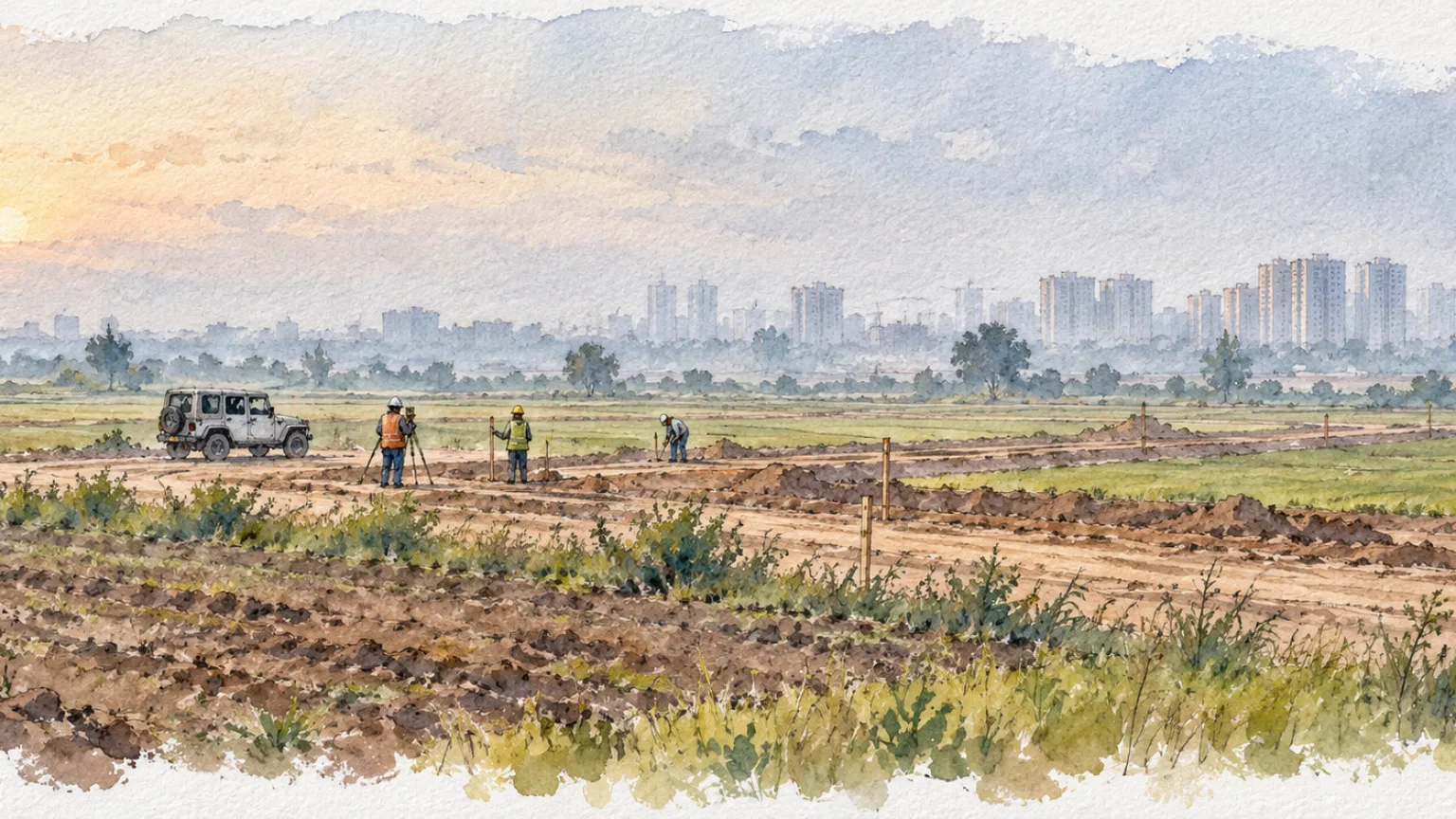Watercolour illustration of surveyors pegging out farmland for a new township in morning mist