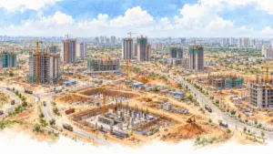 Watercolour illustration of an aerial view of many construction sites and cranes on city outskirts