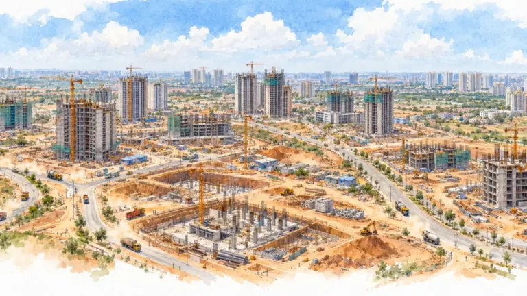 Watercolour illustration of an aerial view of many construction sites and cranes on city outskirts