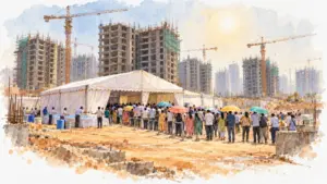 Watercolour illustration of buyers queueing with umbrellas at a booking marquee