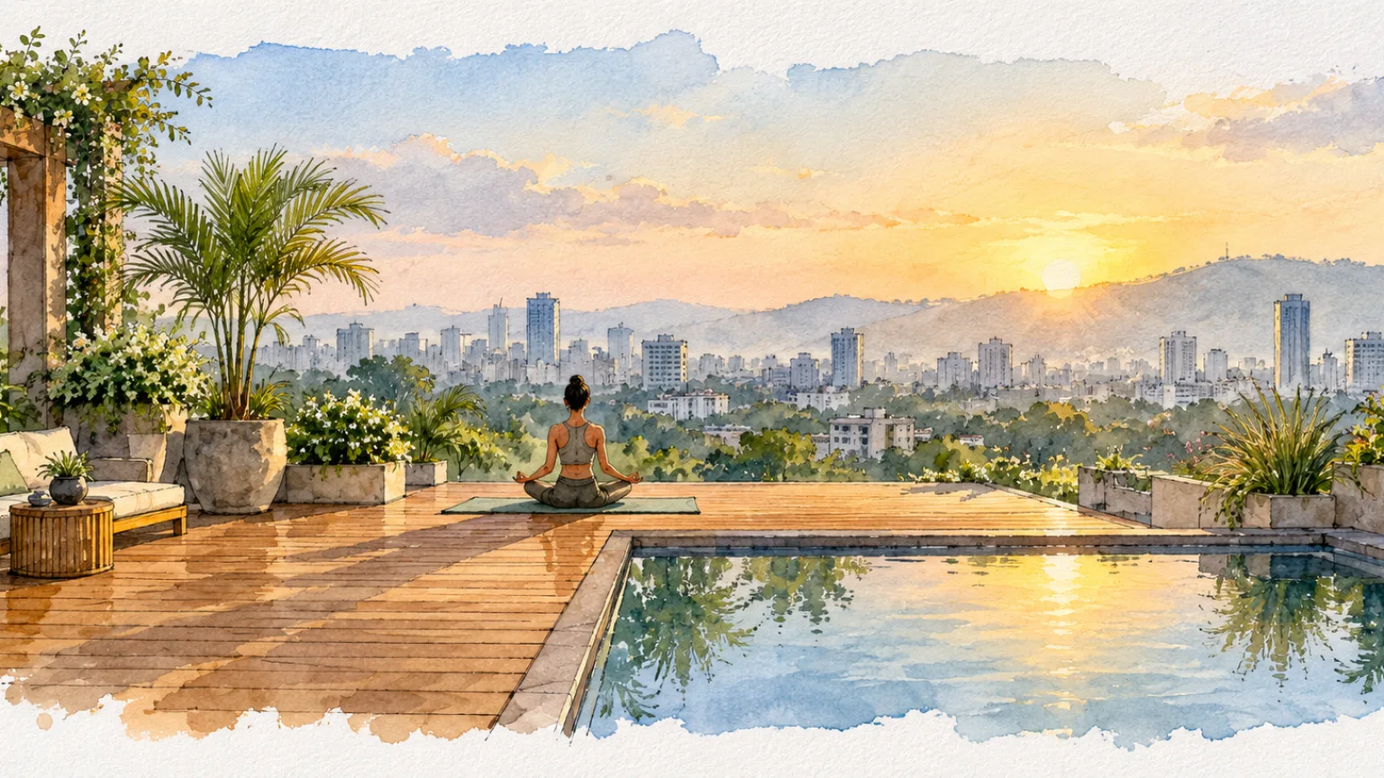 Watercolour illustration of a person doing yoga on a planted rooftop deck at morning