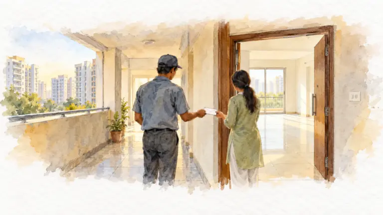 Watercolour illustration of a courier handing an envelope to a resident at a new flat's door