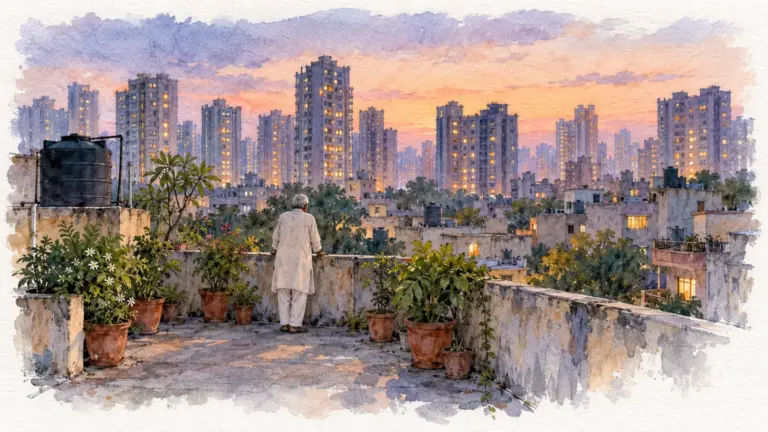 Watercolour illustration of an elderly man on a rooftop facing a dense skyline at dusk
