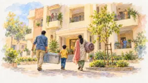Watercolour illustration of a family carrying belongings into a freshly painted low-rise flat block