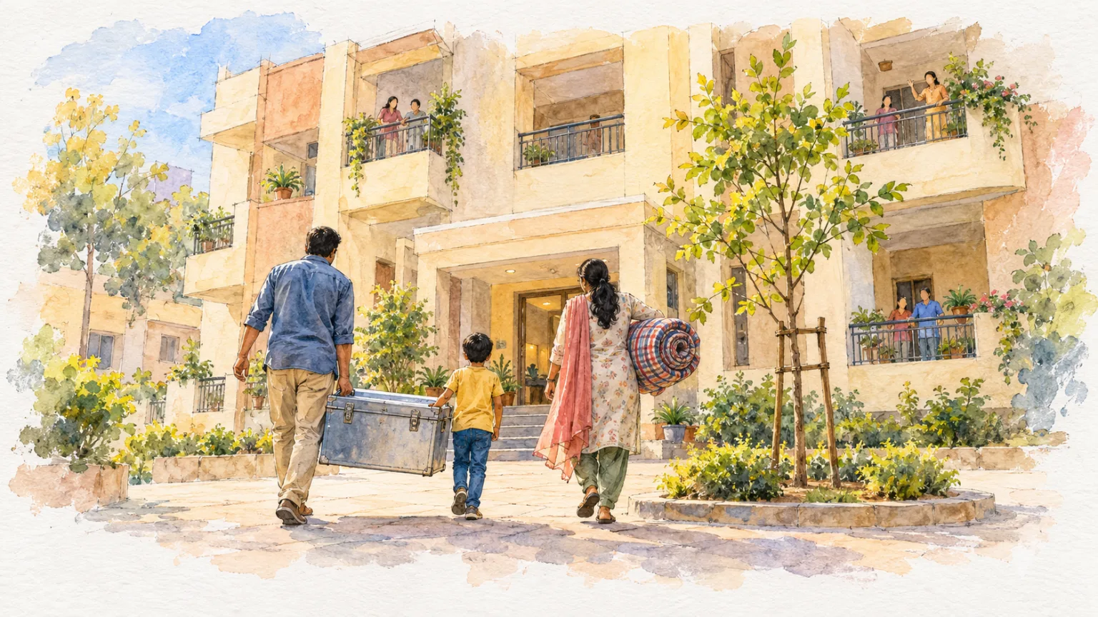 Watercolour illustration of a family carrying belongings into a freshly painted low-rise flat block