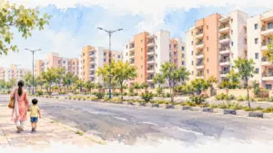 Watercolour illustration of rows of government flats across a wide road with a mother and child