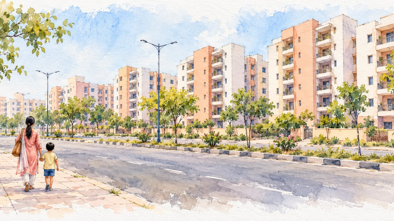 Watercolour illustration of rows of government flats across a wide road with a mother and child