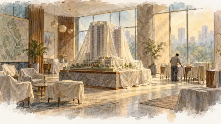 Watercolour illustration of an empty sales gallery with a covered tower model and a lone attendant