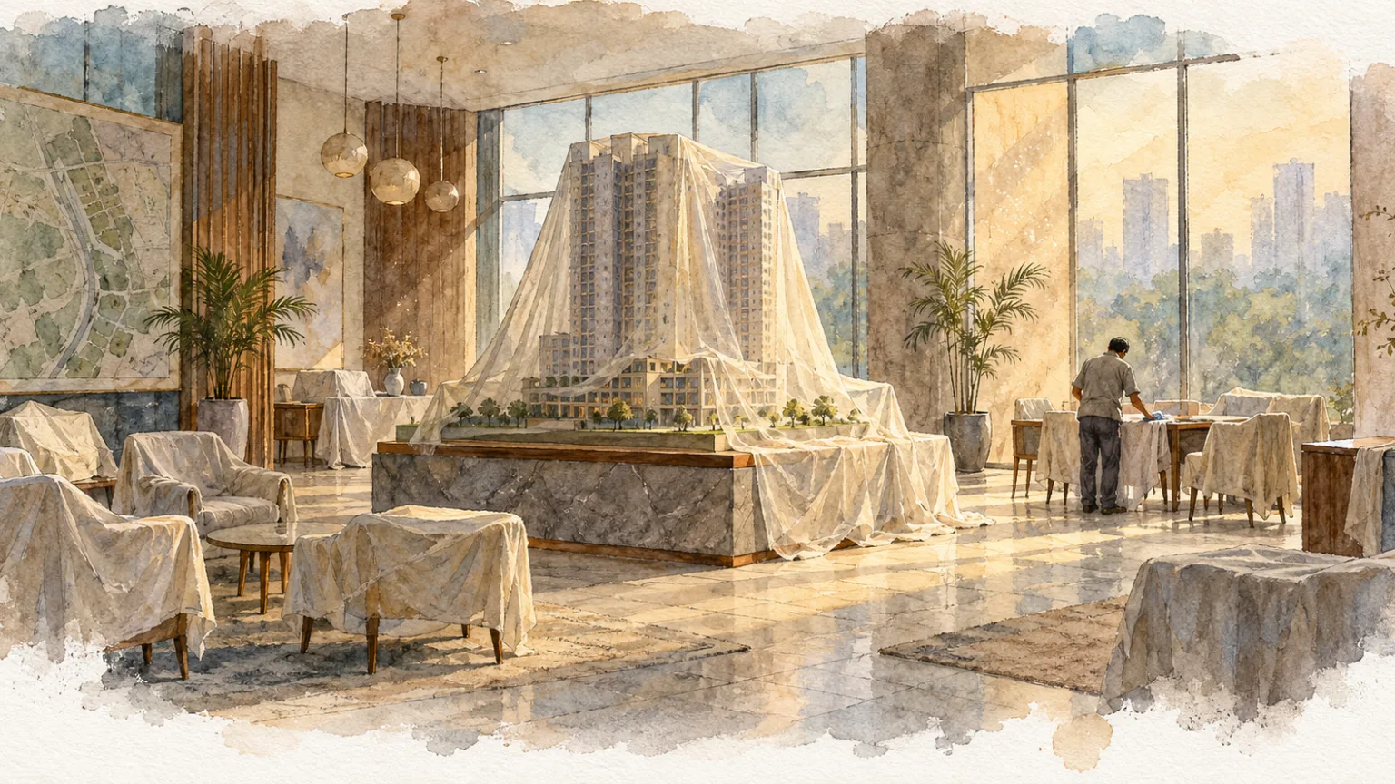 Watercolour illustration of an empty sales gallery with a covered tower model and a lone attendant