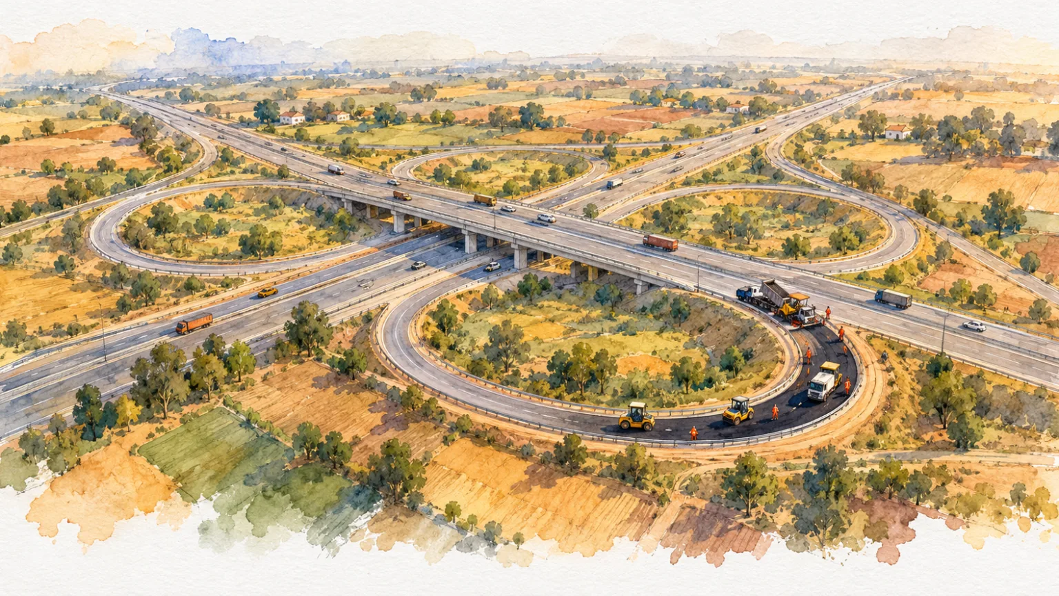 Watercolour illustration of a cloverleaf interchange being paved, seen from above