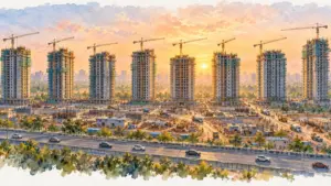 Watercolour illustration of eight towers under construction with cranes at sunrise