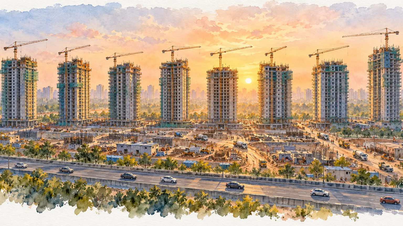 Watercolour illustration of eight towers under construction with cranes at sunrise