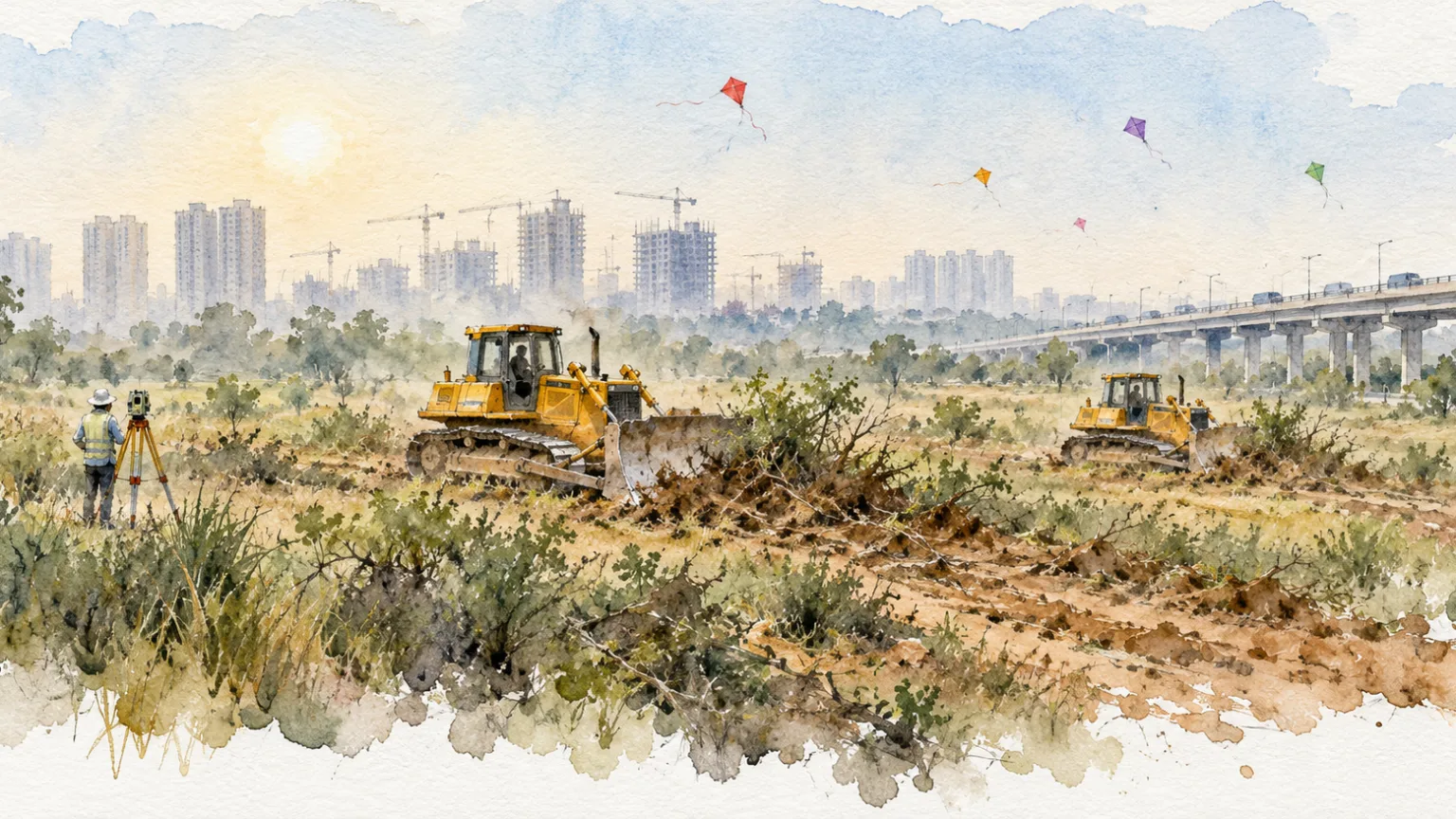 Watercolour illustration of bulldozers clearing land beside an expressway in morning haze
