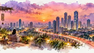 Watercolour illustration of a figure on a rooftop garden admiring a gleaming skyline at evening