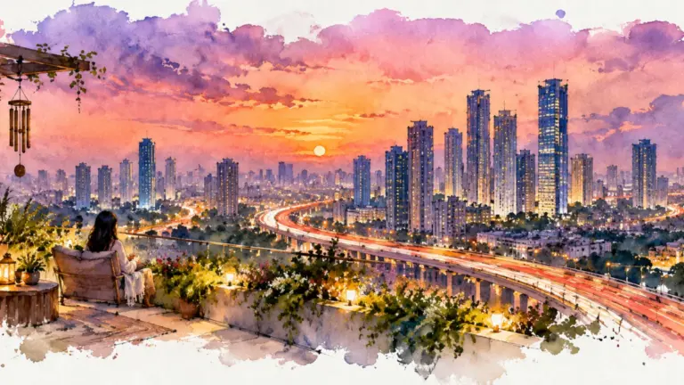 Watercolour illustration of a figure on a rooftop garden admiring a gleaming skyline at evening