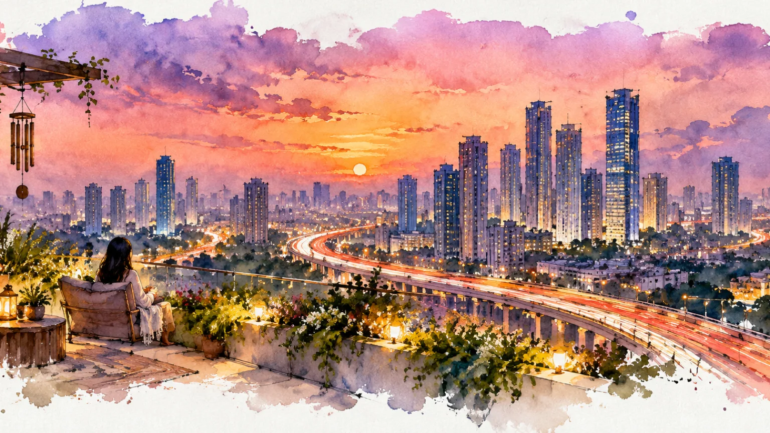 Watercolour illustration of a figure on a rooftop garden admiring a gleaming skyline at evening