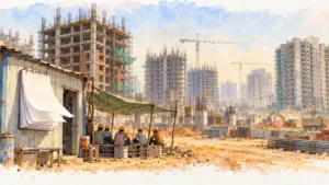 Watercolour illustration of a site office calendar fluttering at a construction site in summer haze