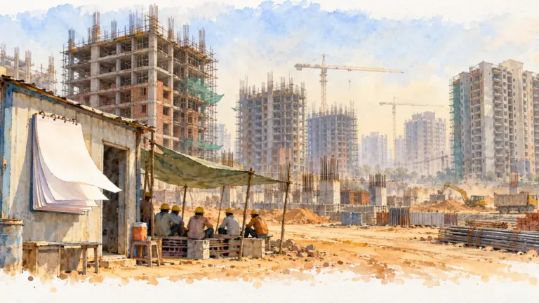 Watercolour illustration of a site office calendar fluttering at a construction site in summer haze