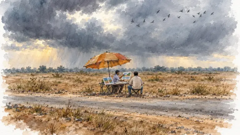 Watercolour illustration of a buyer at a roadside sales stall on an empty field under stormy skies